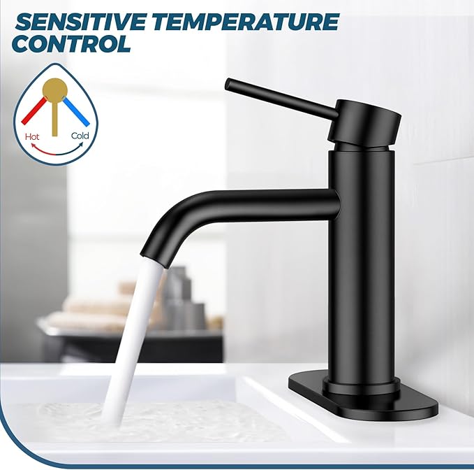 FORIOUS Matte Black Bathroom Faucets 1 Hole, Lead-Free, Bathroom Sink Faucet with Pop up Drain and Supply Hose for Sink, Vanity, RV, Lavatory, Suitable for 1 or 3 Holes