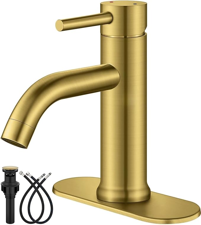 Aolemi Bathroom Faucet Single Hole,Single Handle Bathroom Sink Faucet with Supply Lines,with Pop Up Drain Assembly and Deck Plate,Gold