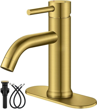 Aolemi Bathroom Faucet Single Hole,Single Handle Bathroom Sink Faucet with Supply Lines,with Pop Up Drain Assembly and Deck Plate,Gold