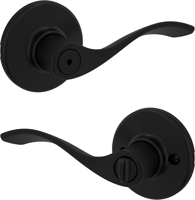 Kwikset Balboa Interior Privacy Door Handle with Lock, Door Lever For Bathroom and Bedroom, Matte Black Reversible Keyless Turn Lock