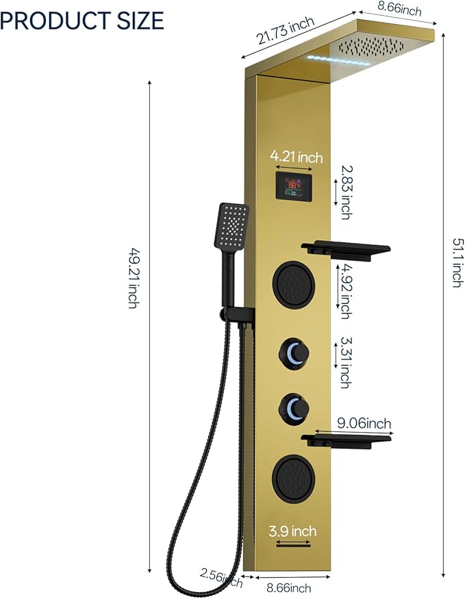 Homevacious 4 In 1 Shower Panel System with Shelf,LED Rain Shower Head and Adjustable Massage Body Jets,3 Functions Handheld Head and Tub Spout,Stainless Steel Bathroom Shower Fixtures,Polished Gold