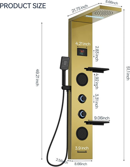 Homevacious 4 In 1 Shower Panel System with Shelf,LED Rain Shower Head and Adjustable Massage Body Jets,3 Functions Handheld Head and Tub Spout,Stainless Steel Bathroom Shower Fixtures,Polished Gold