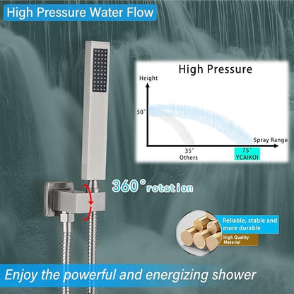 Shower Faucet Set Complete, Wall Mount Shower System for Bathroom 12 Inch High-Pressure Rainfall Shower with Handheld, Rough-in Valve Body and Trim Kit, Brushed Nickel