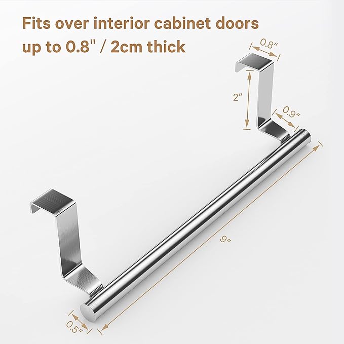 Over Cabinet Towel Bar, Stainless Steel Towel Holder, Silver, 2 Pack | No-drill Over Cabinet Towel Rack, Rustproof Stainless steel, Scratch-resistant Foam Pads, Fits Doors Up to 0.8"
