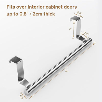 Over Cabinet Towel Bar, Stainless Steel Towel Holder, Silver, 2 Pack | No-drill Over Cabinet Towel Rack, Rustproof Stainless steel, Scratch-resistant Foam Pads, Fits Doors Up to 0.8"