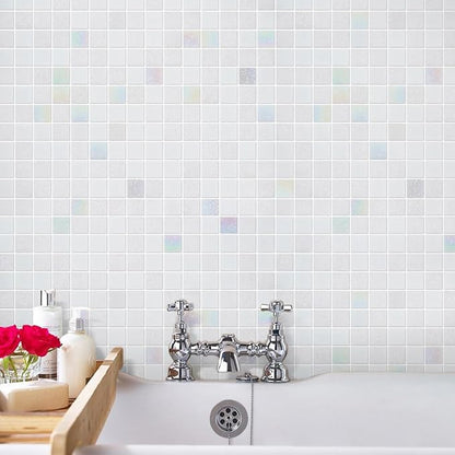 11.5sq.ft Iridescent White Glass Mosaic Tile for Bathroom, Pool, Backsplash | Waterproof Wall & Floor Tile. Heat & frost resistant outdoors. Mesh-mounted easy install. Use any grout. Easy clean. 10pcs.