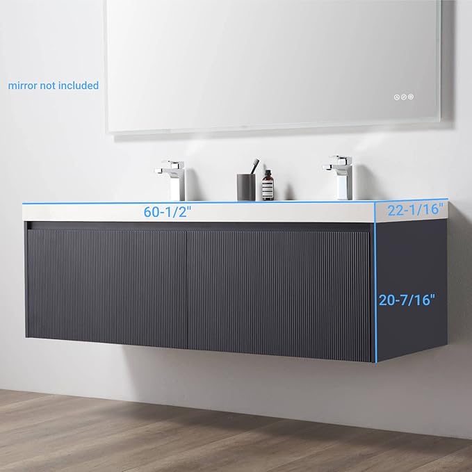 Blossom 60 Inch Double Sink Bathroom Vanity, All Wood Wall Mounted Floating Bathroom Vanity Cabinet with Acrylic Sink, Bathroom Sink Cabinet with Soft-Close Drawers, Modern Vanities, Night Blue