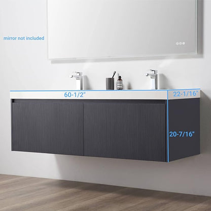 Blossom 60 Inch Double Sink Bathroom Vanity, All Wood Wall Mounted Floating Bathroom Vanity Cabinet with Acrylic Sink, Bathroom Sink Cabinet with Soft-Close Drawers, Modern Vanities, Night Blue
