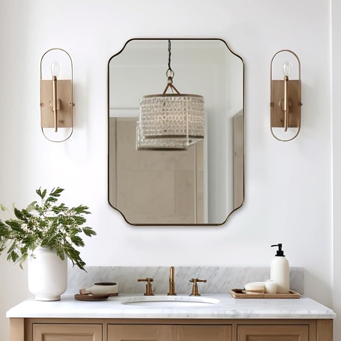 22X30 Inch Brushed Gold Scalloped Mirrors for Bathroom Sink | Rust-Proof Stainless Steel Frame, Aesthetic Notched Corner Design, Electronic Display Grade Glass, Ideal for Bathroom Remodel
