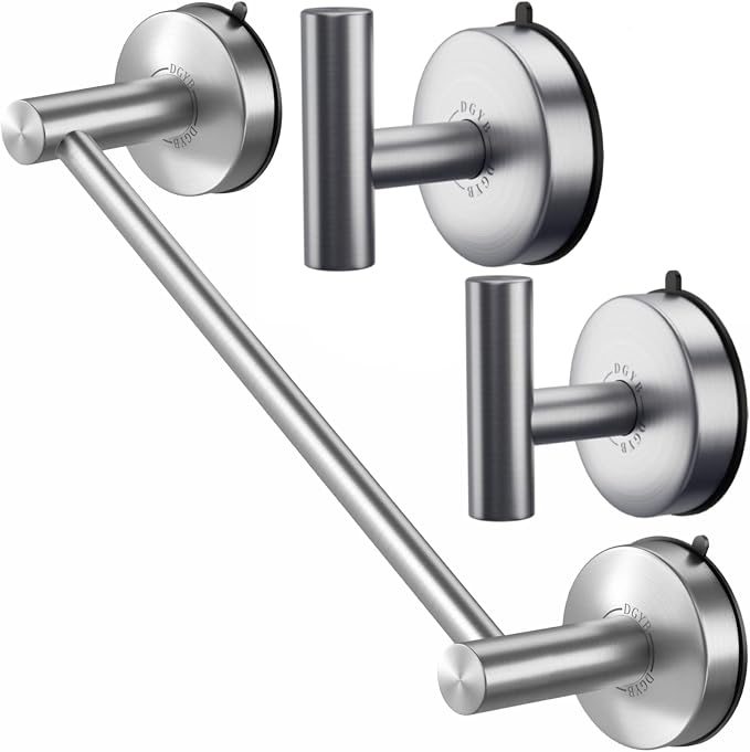 DGYB 17 Inch Brushed Nickel Towel Bar for Bathroom + Set of 2 Large Suction Cup Hooks for Shower