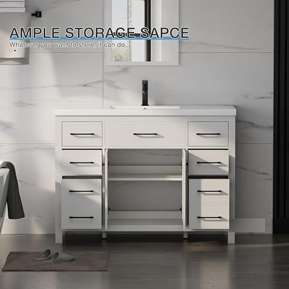 LUCKWIND 48" Modern Bathroom Vanity and Sink, Painted Bathroom Storage Cabinet with Single Resin Sink, Two Doors and Four Drawers, Include Faucet Without Mirror, White