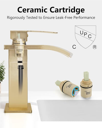Waterfall Bathroom Faucet 1 Hole, Single Hole Bathroom Faucet, Single Handle Vanity Sink Faucet with Deck Plate, Pop-up Drain & Supply Lines, Brushed Gold