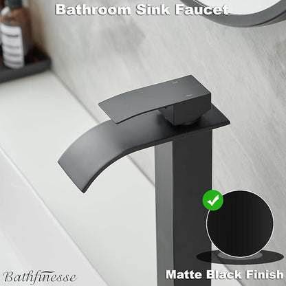 Vessel Sink Faucet Black Waterfall Bathroom Faucet with Drain Assembly | Stainless Steel,Single Handle One Hole,Deck Mount,Modern Bowl Sink Faucet,with 3/8" Supply Hose,Lead-Free by Bathfinesse