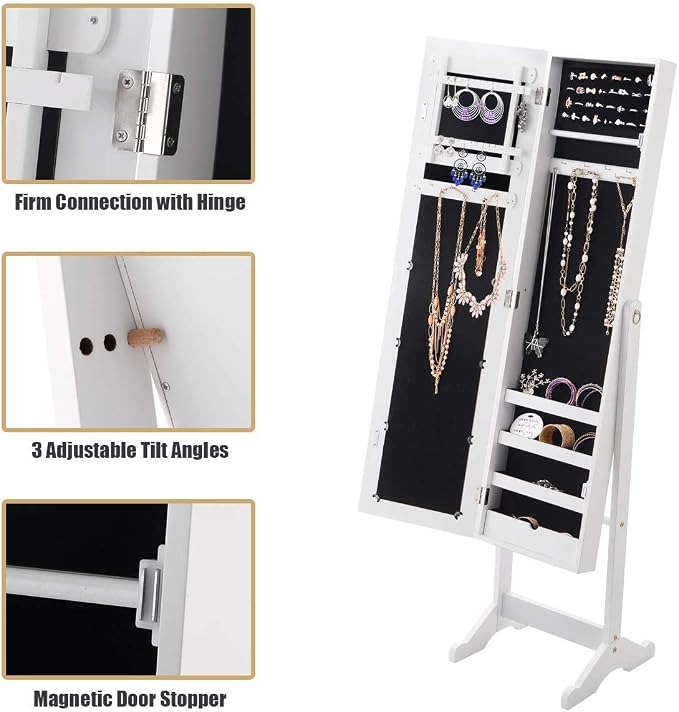 HOMGX Wood Standing Jewelry Cabinet, Jewelry Armoire with Mirror, Jewelry Organizer Storage (White)