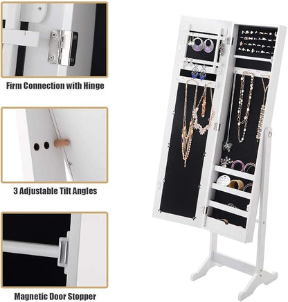 HOMGX Wood Standing Jewelry Cabinet, Jewelry Armoire with Mirror, Jewelry Organizer Storage (White)
