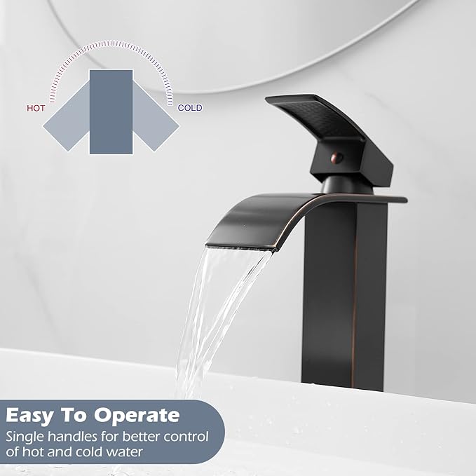 BWE Vessel Sink Faucet Modern Waterfall Oil Rubbed Bronze Single Hole Bathroom Faucet Single Handle with Pop up Drain Without Overflow Assembly Vanity Basin Bath Sink Faucets Mixer Tap