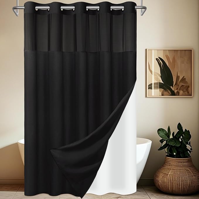 SORTTO No Hook Slub Shower Curtain with Liner, 71x98, Black | Snap in Liner, 3 in 1, Bamboo Texture, Hotel Style, Waterproof Fabric, Mesh Top Window, Corner Magnets, Machine Washable