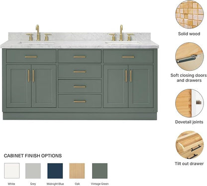 Isabella 72-inch Vintage Green Bathroom Vanity with Left & Right Rectangle Double Sinks, Italian Carrara Marble Countertop & Backsplash, Solid Wood Frame, Soft-Closing & Dovetail Drawers
