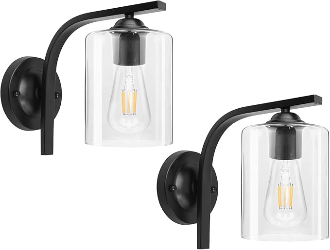 CANMEIJIA Wall Sconce 2 Light, Modern Wall Lighting Fixture, Bathroom Vanity Lights with Matte Black Wall Lamp for Bedroom Kitchen Hallway Porch, Clear Glass Shade, E26 Socket, Bulbs Not Included
