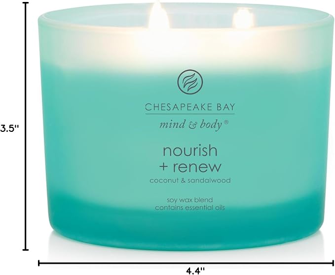 Chesapeake Bay Candle Mind & Body 3-Wick Coffee Table Jar Candle Nourish + Renew (Coconut & Sandalwood), 11oz (Pack of 4)