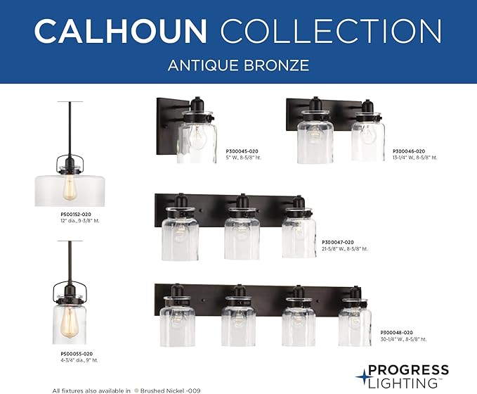Progress Lighting P300046-020 Calhoun Collection Clear Glass Farmhouse Bath Vanity Light, 2-Light, Antique Bronze