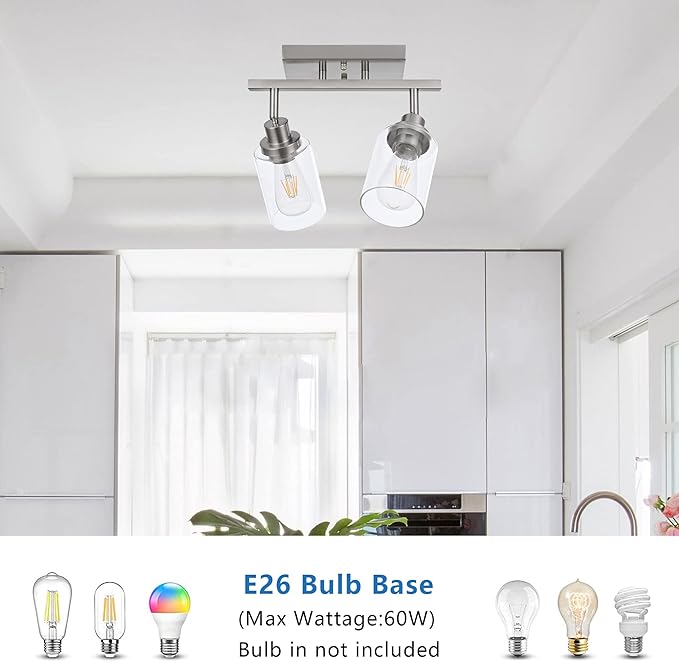 MELUCEE 2 Light Rotatable Track Lighting Kit Spotlight Semi Flush Mount Ceiling Light, Brushed Nickel Bathroom Lights Wall Scone for Hallway Porch Foyer Bath Storage, Clear Glass Shade