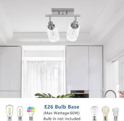 MELUCEE 2 Light Rotatable Track Lighting Kit Spotlight Semi Flush Mount Ceiling Light, Brushed Nickel Bathroom Lights Wall Scone for Hallway Porch Foyer Bath Storage, Clear Glass Shade