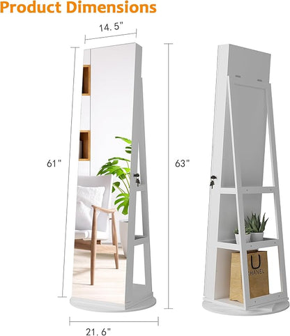 360° Swivel Jewelry Cabinet Organizer with Lights, Full Length Mirror with Jewelry Storage, Lockable Standing Jewelry Armoire Organizer, Mirror Jewelry Cabinet with Inside Makeup Mirror (White)
