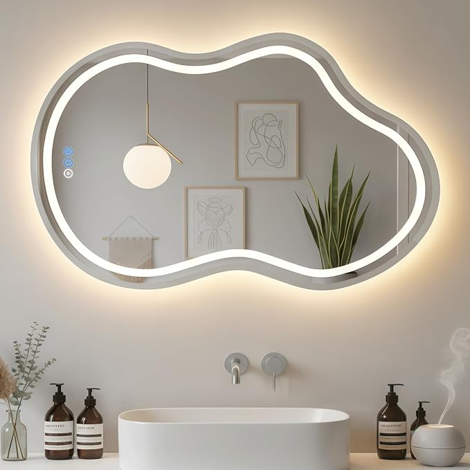 Irregular Wall Mirror 24 x 36 Inch, Lighted Mirrors for Bathroom Wall, Asymmetrical LED Mirror for Bathroom with Anit-Fog, Dimmable, Memory Function (Horizontal/Vertical)