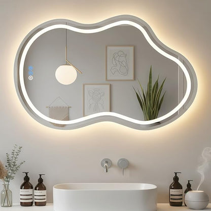 Irregular Wall Mirror 24 x 36 Inch, Lighted Mirrors for Bathroom Wall, Asymmetrical LED Mirror for Bathroom with Anit-Fog, Dimmable, Memory Function (Horizontal/Vertical)