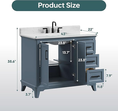 42 Inch Bathroom Vanity with Sink, Fully Assembled Solid Wood Frame Bathroom Vanities with 2 Soft Closing Doors, 3 Full Extension Dovetail Drawers, Quartz Top, Steel Blue