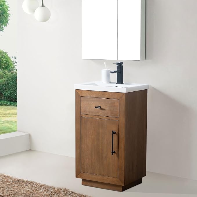 Vanity Art 20 inch Bathroom Vanity with Sink, Small Vanity Cabinet with Doors and Removable Shelf, Modern Wood Cabinet with Marble Top, Solid Wood Frame, Ceramic Sink, Tan VA7020