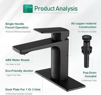 VOTON Black Bathroom Faucet Single Handle Bathroom Faucets for Sink 1 Hole Rv Lavatory Vanity Faucet with Pop-up Drain and Water Supply Lines