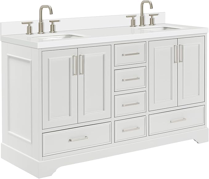ARIEL Stafford 60-inch Bathroom Vanity with Sink,Solid Wood, 1.5-inch Pure White Quartz Countertop & Backsplash, Double Rectangular Porcelain Sink, 4 Soft Closing Doors, 6 Dovetail Drawers, White