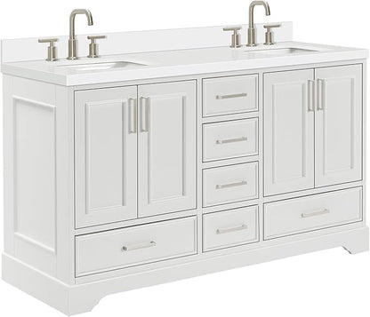 ARIEL Stafford 60-inch Bathroom Vanity with Sink,Solid Wood, 1.5-inch Pure White Quartz Countertop & Backsplash, Double Rectangular Porcelain Sink, 4 Soft Closing Doors, 6 Dovetail Drawers, White