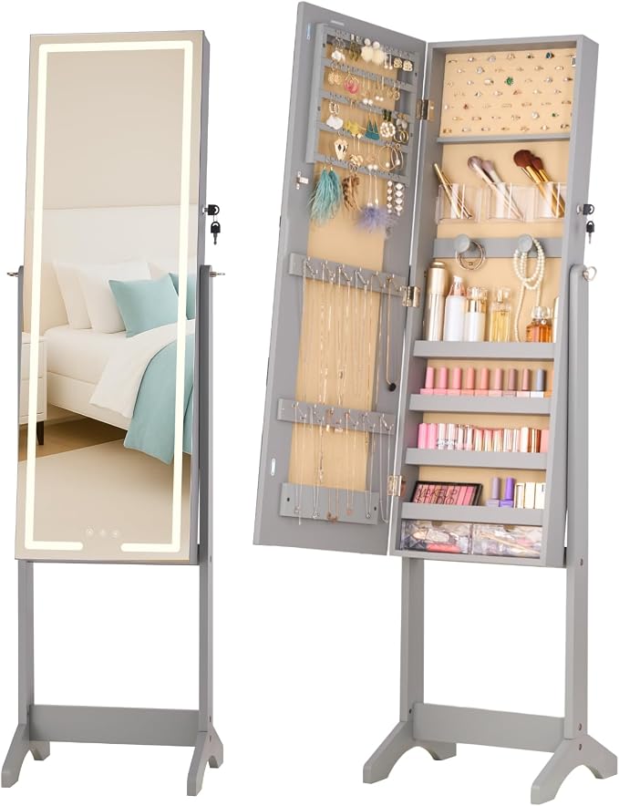 LUXFURNI Standing Jewelry Armoire Cabinet with Full‑Length Mirror Storage | 3‑Color LED Lights, 3 Brush Holders, 3 Adjustable Tilt Angles, True‑to‑View Glass, USB‑Powered Supply, Lockable Design