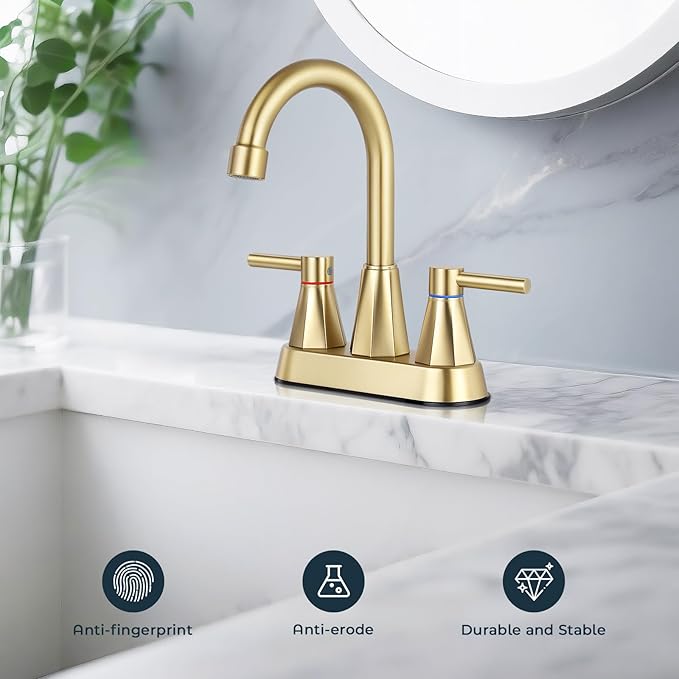 4 inches Bathroom Faucet for 3 Hole,2-Handle Bathroom Sink Faucets with Pop Up Drain (Brush Gold)