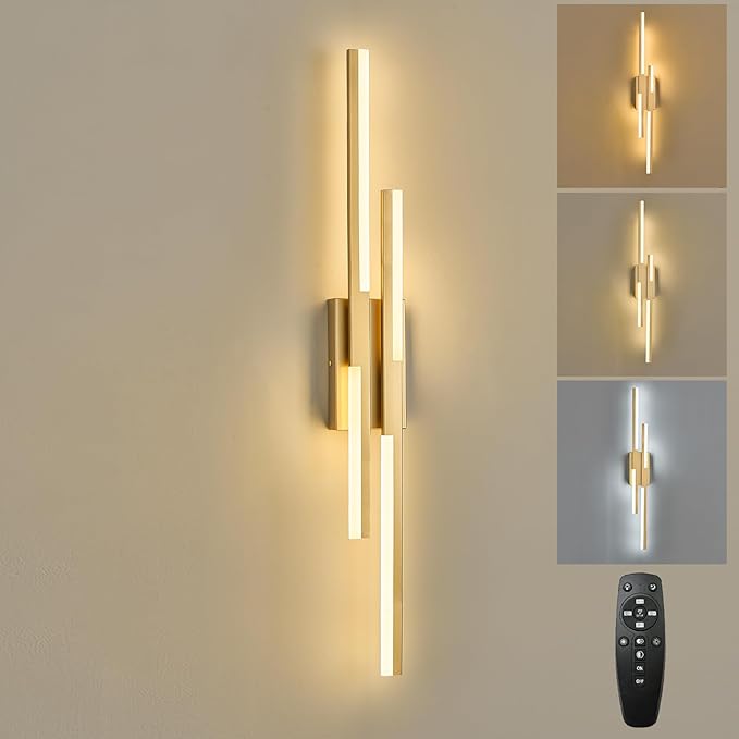 Modern LED Wall Sconce Gold Remote Wall Light Fixtures for Bathroom, Dimmable Vanity Light Indoor LED Remote Wall Sconce for Living Dining Room Bedside Bedroom (3000-6500K 35.4inch)