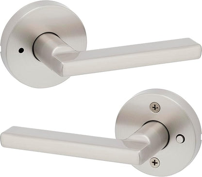 Kwikset Halifax Interior Privacy Door Handle with Lock, Round Lever for Bathroom and Bedroom, Satin Nickel Reversible Keyless Push Button Lock Door Lever, with Microban Protection