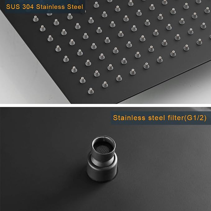 16 In Rain Shower Head High Pressure Rainfall Shower Head Matte Black | Square Rain Bathroom Showerhead, High Flow, Large Stainless Steel, Ceiling Mounted, Wall Mounted, Waterfall Full Body