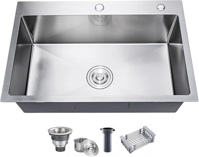 33 Inch Drop In Kitchen Sink, 16 Gauge Stainless Steel Kitchen Sink Single Bowl Sinks with Drain Strainer (33"x19"x9")
