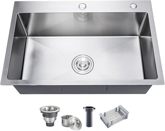 33 Inch Drop In Kitchen Sink, 16 Gauge Stainless Steel Kitchen Sink Single Bowl Sinks with Drain Strainer (33"x19"x9")