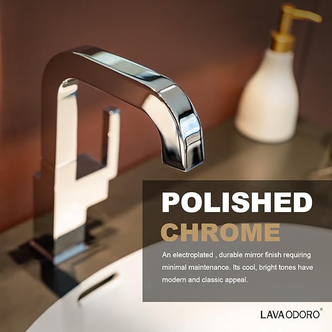 Chrome Bathroom Faucet Single Hole, Lava Odoro Square Bathroom Sink Faucet Single Handle Vanity Faucet with Drain Assembly, Solid Brass Vessel Sink Faucet Deck Plate Included, BF204-C
