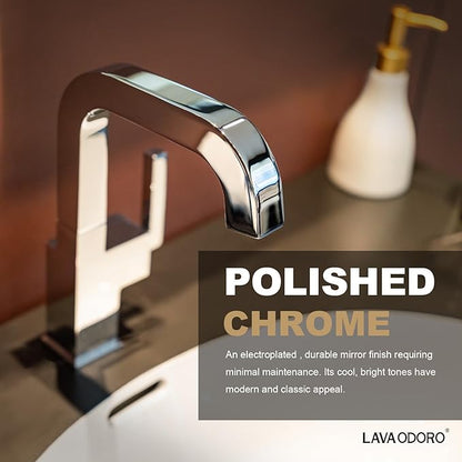 Chrome Bathroom Faucet Single Hole, Lava Odoro Square Bathroom Sink Faucet Single Handle Vanity Faucet with Drain Assembly, Solid Brass Vessel Sink Faucet Deck Plate Included, BF204-C