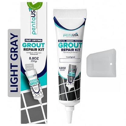 Premixed Tile Grout Repair - Light Gray (8.8oz/250g) | 5 gray shades with RAL codes, premixed acrylic sanded, bathroom shower kitchen tile, water-resistant, 24-hour cure, 29 sq ft