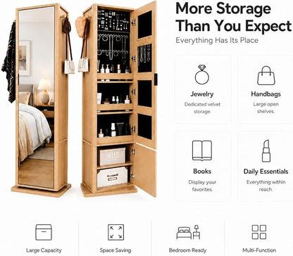 360° Rotating Makeup Jewelry Armoire Cabinet, Mirror Jewelry Cabinet Standing with a Full-Length Mirror, Storage Cabinet a Coat Rack, 4 Layers of Open 2 Layers of Built-In Shelves for Bedroom