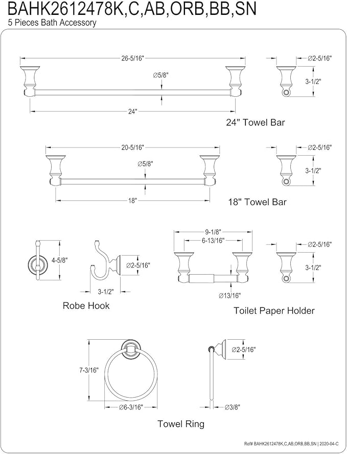 Kingston Brass BAHK2612478C Provence 5-Piece 18-Inch and 24-Inch Towel Bars Bathroom Accessory Set in Polished Chrome