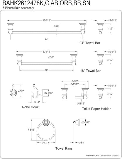 Kingston Brass BAHK2612478K Provence 5-Piece 18-Inch and 24-Inch Towel Bars Bathroom Accessory Set in Matte Black