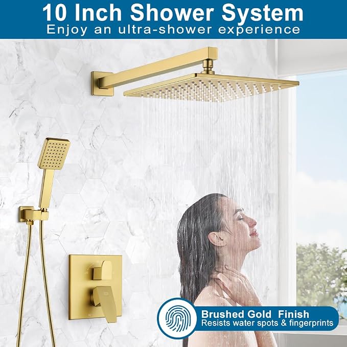 Shower Faucet Set Brushed Gold Rainfall 10 Inch Shower Head and Handle Set Bathroom Rain Shower System Wall Mounted Shower Fixture Shower Valve and Trim Kit