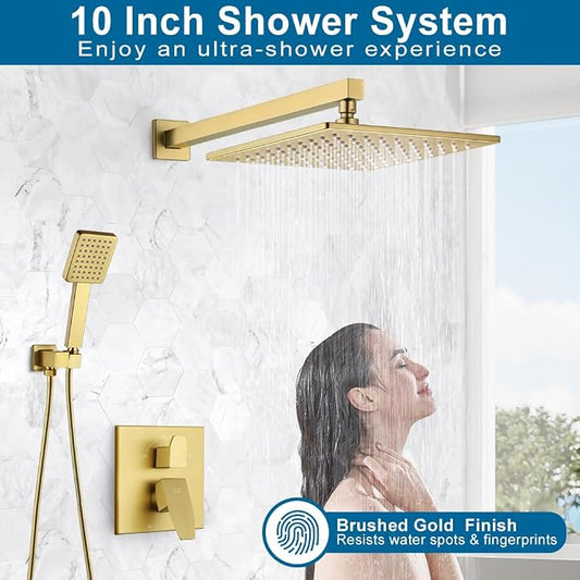 Shower Faucet Set Brushed Gold Rainfall 10 Inch Shower Head and Handle Set Bathroom Rain Shower System Wall Mounted Shower Fixture Shower Valve and Trim Kit